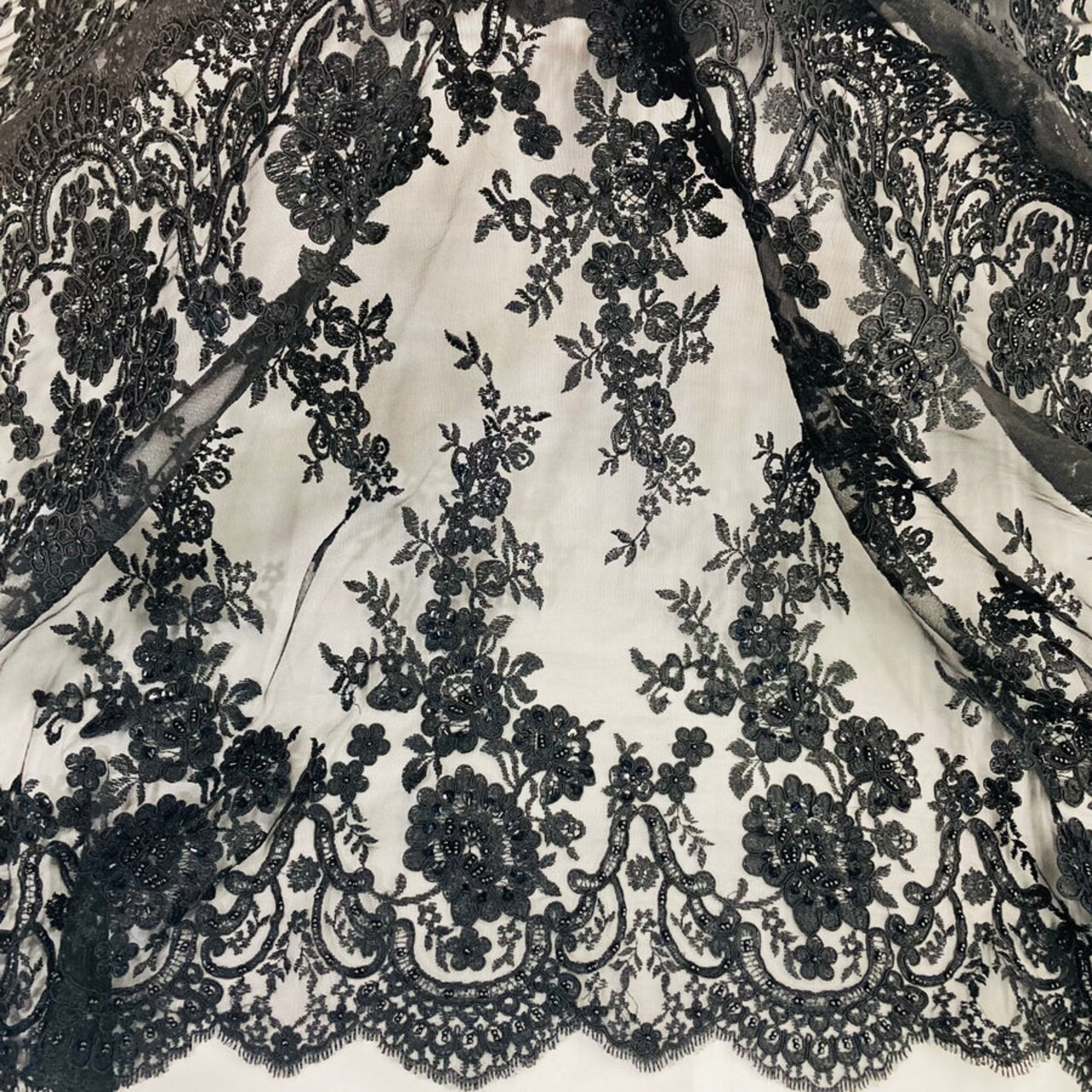 1 Yard Ivory Beaded and Corded Bridal Lace Fabric Embroidered on Polyester Net Mesh 48 Inch Width